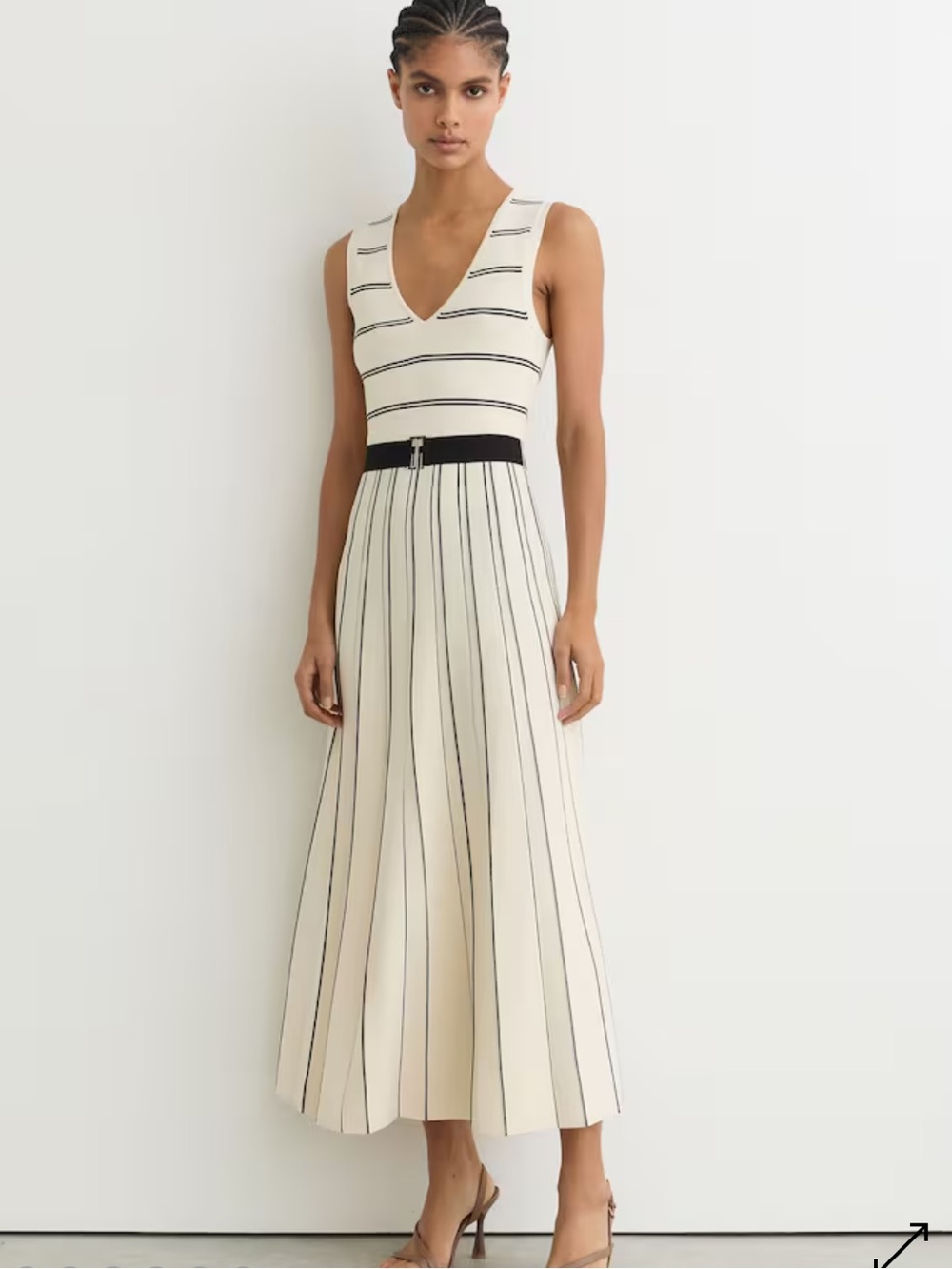 Reiss NWT Mallory Sleeveless Striped V-Neck Knitted Ivory Black Midi Dress M